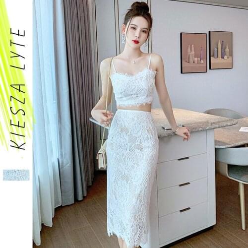 Elegant Lace Two Piece Set Female Summer 2021 Sexy Crop Tops and Short Midi Skirt Suits Feminine Sets