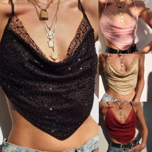 Sexy Woman Girls Solid Color Sleeveless Backless Deep V-neck Sequins Tank Tops Summer Vest Clothes