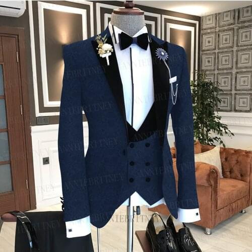 Latest Formal Navy Blue Suit Men 3 Pieces Jacquard Jacket for Men Fashion Groom Wedding Tuxedos Peaked Lapel Blazer Vest Pants