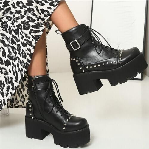 Punk Rivets Shoes Women Lace Up Chunky High Heels Winter Warm Motorcycle Boots Female Round Toe Platform Pumps Shoe Casual Shoes