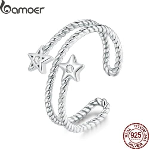 Bamoer Two-star Open Ring for Girl 925 Sterling Silver Flowing Line Adjustable Finger Ring Women Statement Party Jewelry SCR718