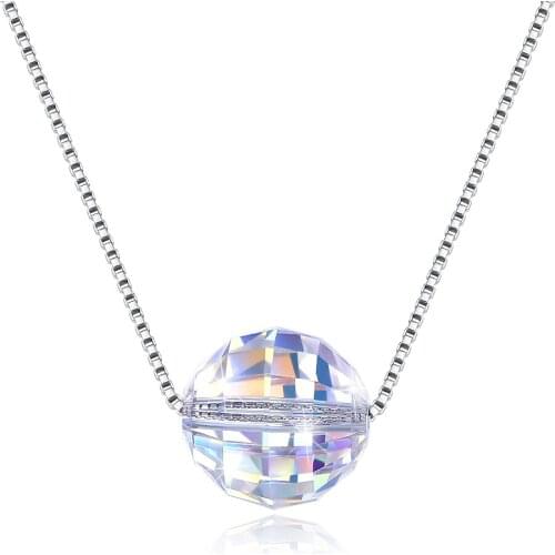 SILVERHOO New S925 Sterling Silver Necklace For Women Simple Ball Pendant Chain Necklaces Colorful Austria Crystal Jewelry