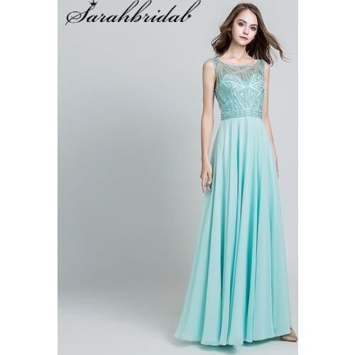 Elegant Evening Dresses Long O Neck Sleeveless Chiffon Empire Party Gowns Beads Sequins A Line Floor Length Robe De Soiree LX486