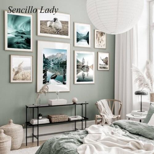 Scandinavian Canvas Art Poster Green Nature Boat Lake Aurora Landscape Print Decorative Wall Picture Nordic Painting Home Decor