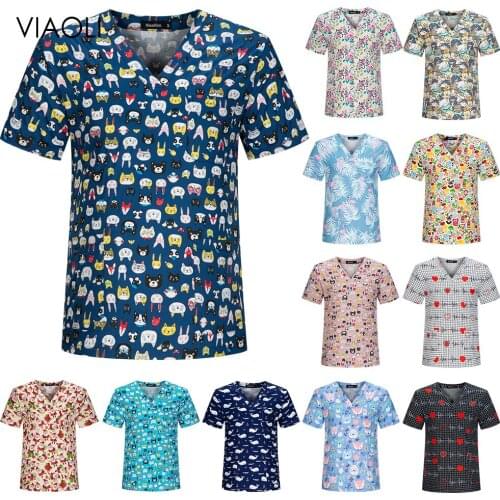 Short Sleeved V-neck Pet Scrubs Women Uniforms Unisex Cute Animal Printed Nursing Scrubs Tops T Shirt Casual Nurse Women Clothes