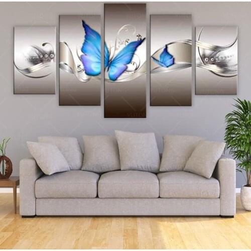 Modern Abstract Painting Prints Blue Butterfly Canvas Art Picture Wall Decor 5 Piece Large Print Artwork Home Decorations