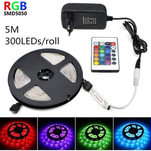 24-key SMD 5050 LED Strip 12V RGB light Tape Waterproof Flexible Neon sign 5M 300LEDs / roll led lights 10M 15M 20M EU US plug