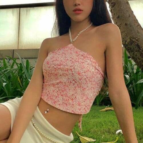Sweet Sexy Floral Print Pearl Halter Camisole Tops Women Sleeveless Backless Bandage Tank Top Holiday Summer Casual Crop Top