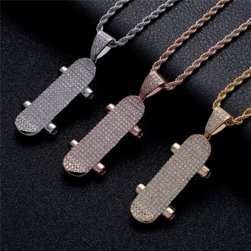 Hip Hop AAA Zircon Skateboard Pendant With Iced Out Stainless Steel Rope Chain 3 Colors Fashion Scooter Jewelry For Men