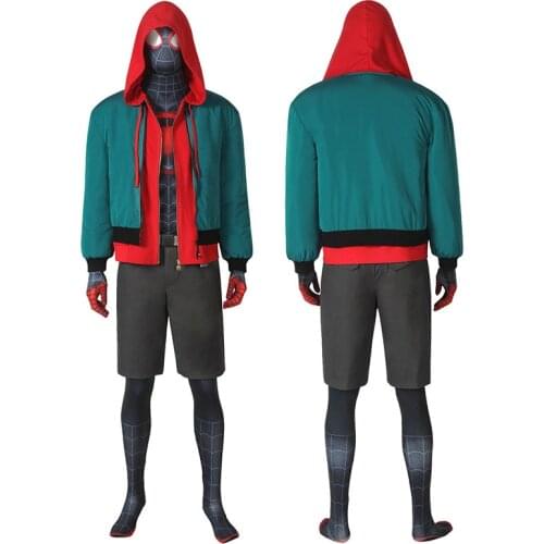 Adult Superhero Into the Verse Miles Morales Jumpsuit With Coat Cosplay Costume Halloween Masquerade Party Bodysuit