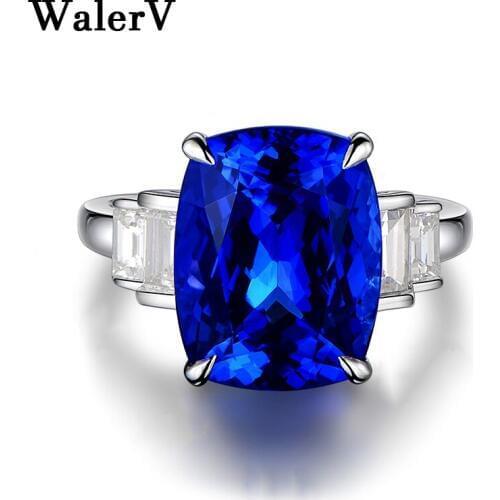 WalerV New for Women Custom Charm Fashion Jewelry Luxury Dark Blue Rectangular Crystal AAA Zircon Engagement Ring