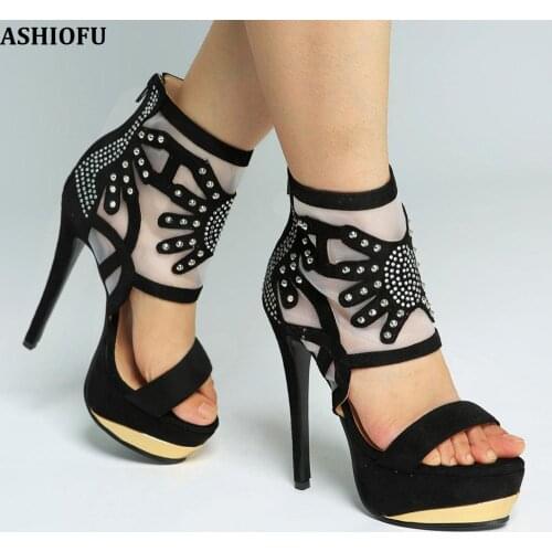 ASHIOFU Handmade Womens High Heel Platform Sandals Classic Air-mesh Party Prom Shoes Crystals Sexy Evening Fashion Sandals Shoes