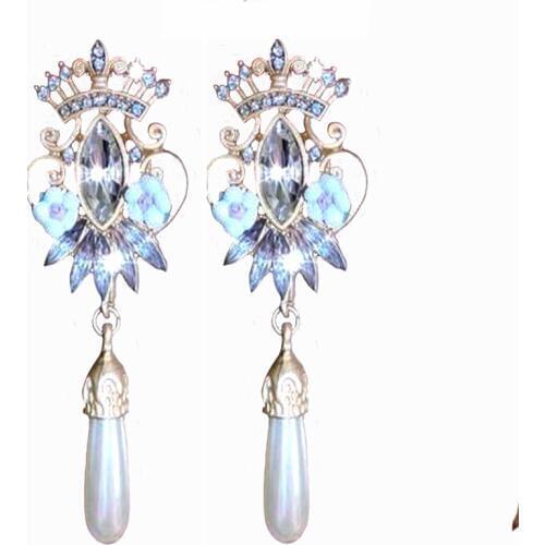 Fashion Baroque Golden Retro Exaggerated colorful Crystals Big Pearl Long pearl Crown Cross Earring Bridal Jewelry Female