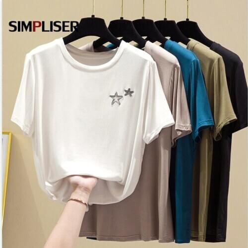 Embroidered Loose Cotton Tees Women 2020 Star T-shirts Ladies Fashion Tops 5 Colors Female Casual Clothinigs Camisa Mujer