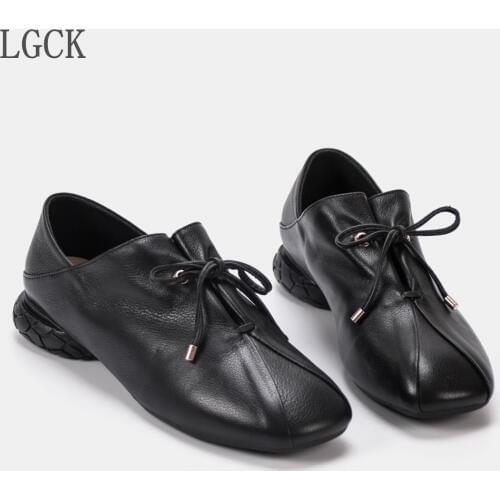 Plus Size 34-42 Genuine Leather Women Shoes Autumn Flats Oxford Shoes For Women Low Heel Loafers Lace-Up Shoese Harajuku Shoes
