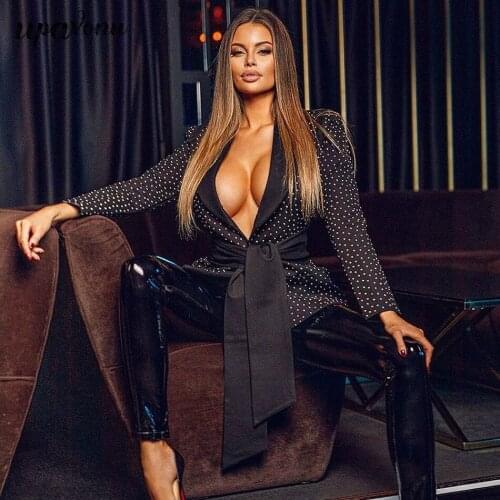 Free Shipping 2020 Autumn New Arrival Diamond Shiny Blazer Black Womens Sexy Deep V Neck Long Sleeve Slim Lace-Up Blazer