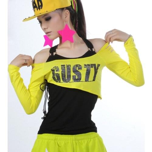 New fashion Jazz ds harem women top twinset black vest and loose yellow ultra-short t-shirt neon doodle hip hop dance costumes
