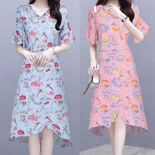 Womens dress summer short sleeve printed irregular skirt childrens fashion temperament Fairy Dress платье летнее женское2021