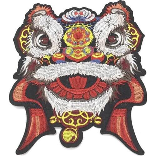 1pcs Chinese Style Lion Dance Animal Embroidery Cloth Stickers Patch Badges Stripes Iron on Appliques for Jacket Sewing Stickers