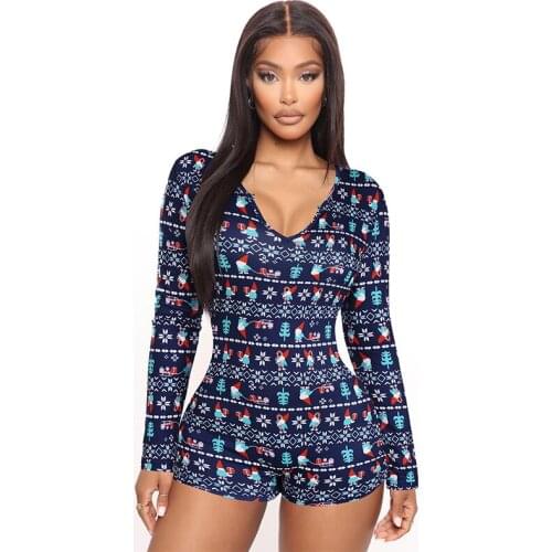2021 New Style Women Christmas Printed Romper Ladies Slim-fit Long Sleeve V-neck Playsuit