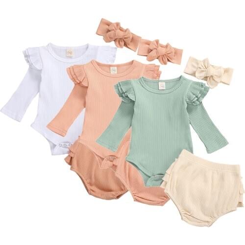 2020 New Fall Autumn Infant Baby Girls 3Pcs Set Solid Color Flared Long Sleeve Bodysuit+Layerd Ruffle Short Pants+Headband