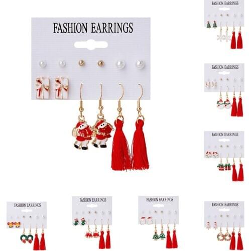 Fashion Santa Claus Elk Garland Tassel Earrings For Women Girls Geometric Stud Ear Jewelry Christmas Party Gifts 6 pairs