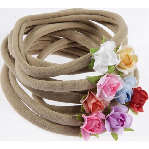 Yundfly 8pcs Chic Newborn Rose Flower Nylon Headband Kids Girls Elastic Floral Khaki Headband Children Cloth Head Accessories