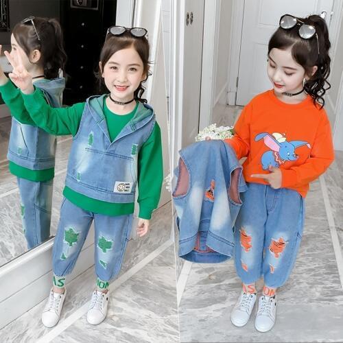 Childrens Wear 3 Pcs Set Spring Fall Girls Fashion Denim Clothing Suit Kids Riped Hooded Vest Coat + T-shirt Tops + Pants P154