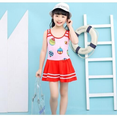 Red Swimdress for Kids Girls Cute Two-Piece Swimsuits Cartoon Print Korean Version Hot Spring Lovely Child Dress Swimwear 2020