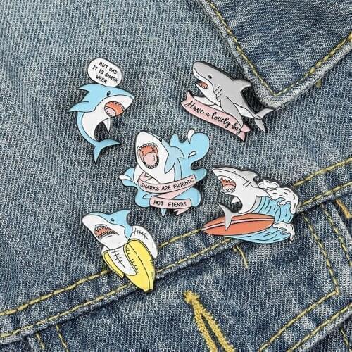 Shark are Friends Enamel Pin Custom Shark Week Banana Surfing Brooches Bag Lapel Pin Fun Animal Badge Cute Jewelry Gift for Kids