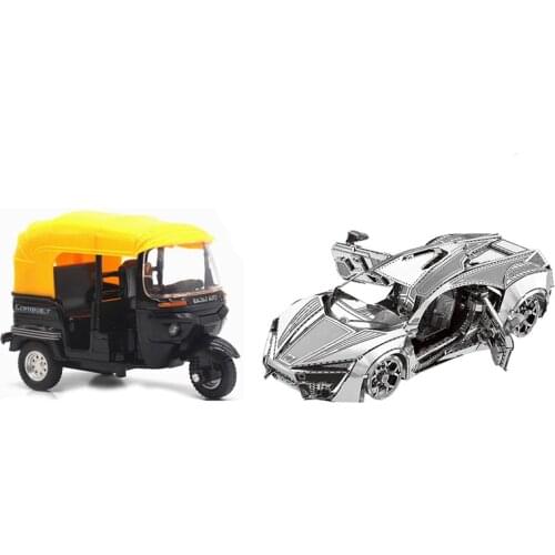 High Simulation Indian Tricycle Cars Toy Black with Model 3D Puzzle Metal Model Kit