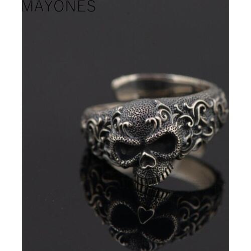 MAYONES Punk Skull Rings For Men And Women 925 Sterling Silver Jewelry Resizable Vintage Flower Engraved Skeleton Finger Band