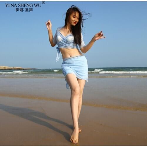 Professional Women Belly Dance Clothes Sexy Mesh Deep V Top+Short Skirt 2pcs Bellydancing Set for Girls Latin Dance Wear Suit