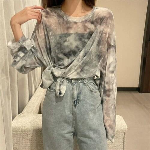 Summer New Mesh Sunscreen Shirt Hot Girl Blouse Design Loose Tie-dye Long-sleeved T-shirt Women
