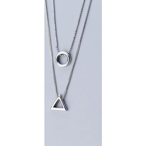 MloveAcc 2019 Hot Sale 925 Sterling Silver Double Layer Triangle & Round Charm Pendant Necklaces for Women Girl Jewelry Gift
