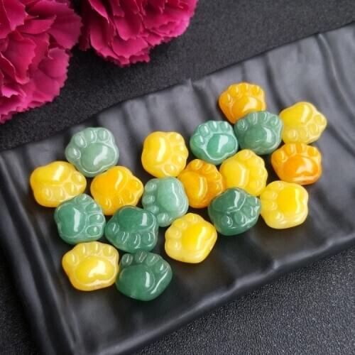 Loose beads green jade/yellow cat foot carved pendant 15MM for DIY jewelry making FPPJ wholesale beads nature