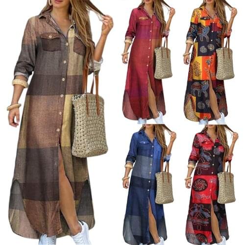 Grid Shirt Dress Women Long Sleeve Pockets Buttons Party Beach Maxi Shirt Dress ropa mujer talla grande maxi dresses for women