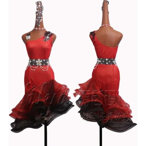 Fashion Latin Dance Dresses Women Performance Dress Service Black Red Transition Color Oblique Shoulder Fish Bone Curling Skirt