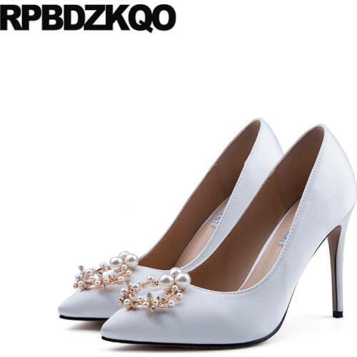 Diamond crystal pumps bride 8cm 11 43 ivory bridal shoes plus size ladies pointed toe stiletto satin 12 44 high heels pearl