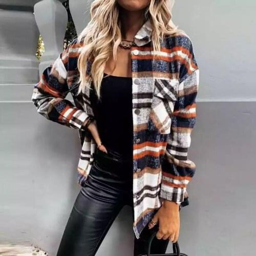 Women Shirt Long Sleeve Pocket Loose Grid Button Blouse Ladies Autumn Winter Cotton Lapel Casual Shirt Mid-Length Female Jacket