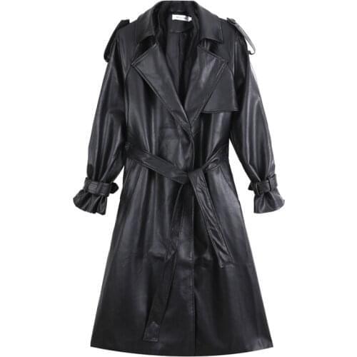 Female Outerwear Spring Autumn Black Fashion Brand New Womens Long Pu Leather Trench Coat with Belt Lady Windbreaker Waterpoof
