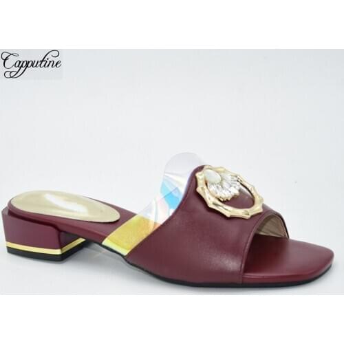 Wine African Womens Medium Heel Slippers Shoes With Stones 86-6 Heel Height 4CM