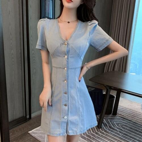 Ladies New Arrival Fashion Korean Summer Skinny Mini Dress Casual Retro Sexy Deep V-Neck Puff Sleeve Single-Breasted Denim Dress
