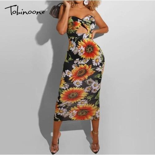 Tobinoone Floral Print Off Shoulder Split Bodycon Dress Women Sleeveless Backless Sexy Midi Dress Summer Hollow Out Patry Dress