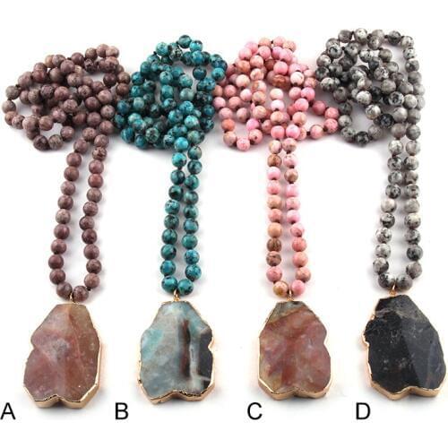 Free Shipping Fashion Bohemian Tribal Jewelry Semi Precious Stones Long Knotted Women Ethnic Pendant Necklaces