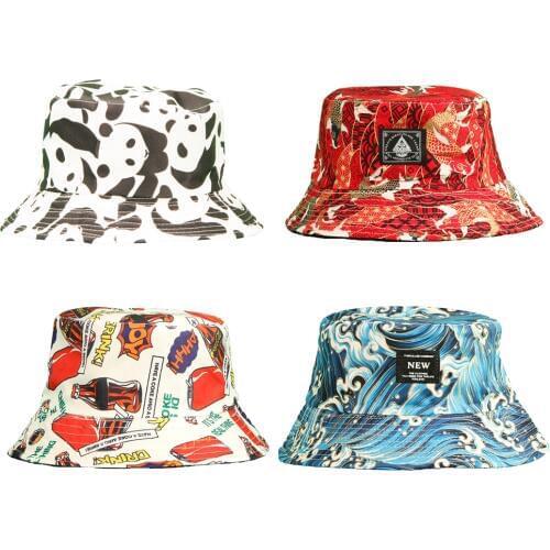 Best-selling panda print fisherman hat female surfer beer fish design double-faced fighting hat male summer outdoor sun hat