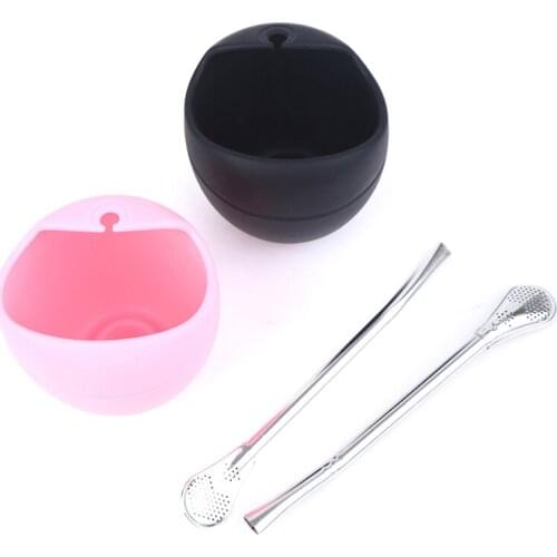 Black/Pink 5oz Silicone Bombillas Yerba Mate Cup Set Tea Cup With Yerba Bombilla Straw