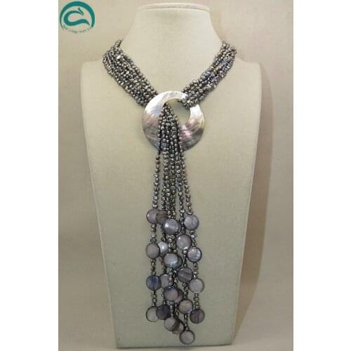 Perfect Baroque Long Pearl Jewellery,120cm AA 3-5MM Black Pearl With Big Size Sea Shell Pendant Wedding Birthday Women Gift