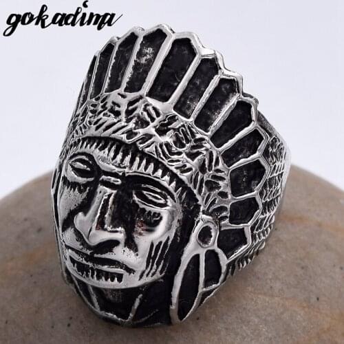 GOKADIMA Fashion Biker Stainless Steel Ring Men Tribe Apache Indian Chief Head Ring Size 7-13 Punk Rocker Figure Jewelry WR307