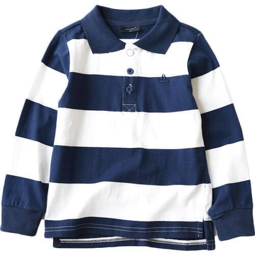 2019 Spring Autumn Boys T Shirt Long Sleeve Striped Turn-down Collar Cotton Teenage School Kids Tops Tees BC208